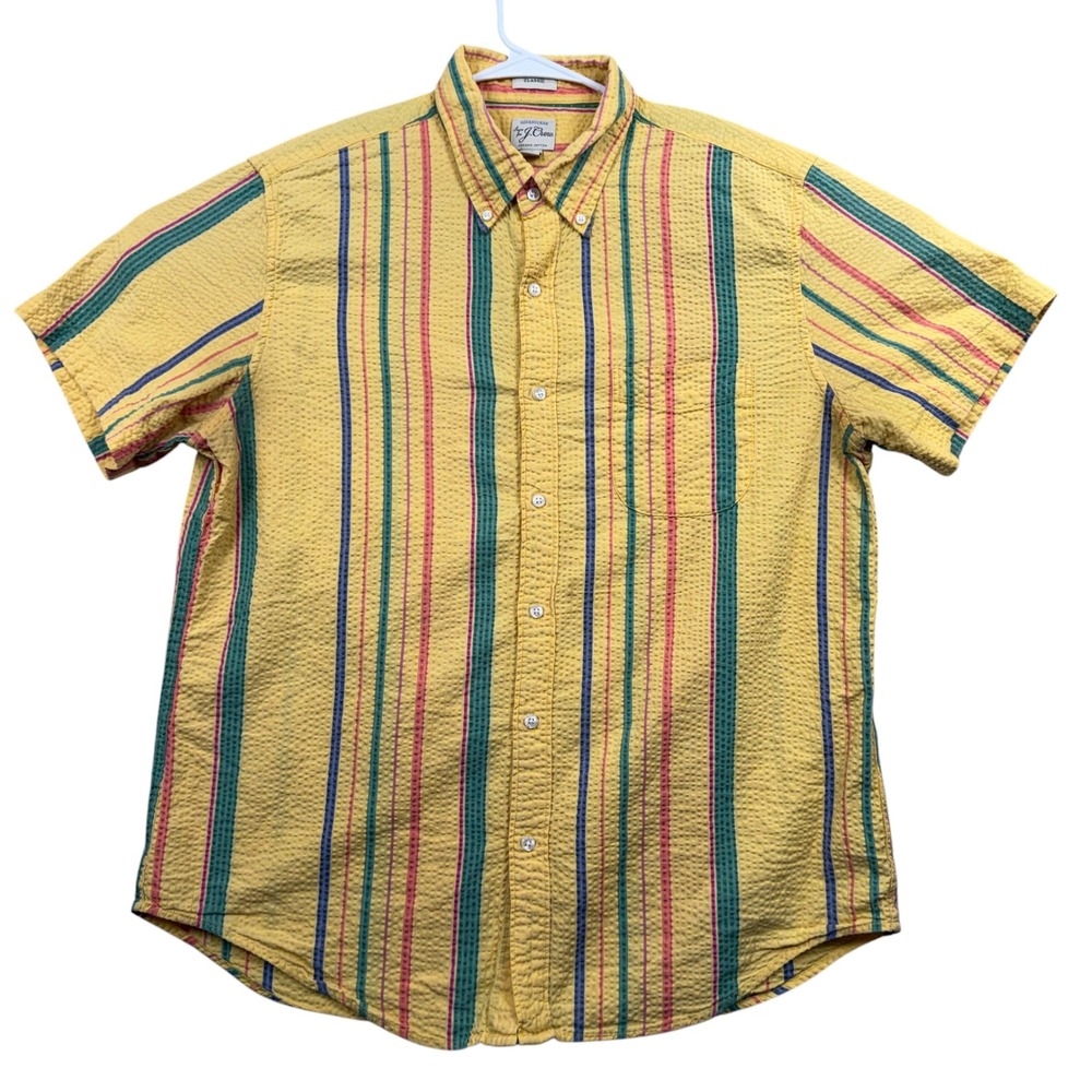 J.Crew Seersucker Shirt Men Large Yellow Multi Stripe Organic Cotton Classic Fit